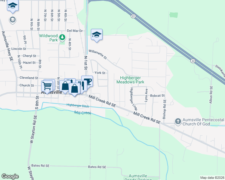 map of restaurants, bars, coffee shops, grocery stores, and more near 126 Carmel Drive Southeast in Aumsville