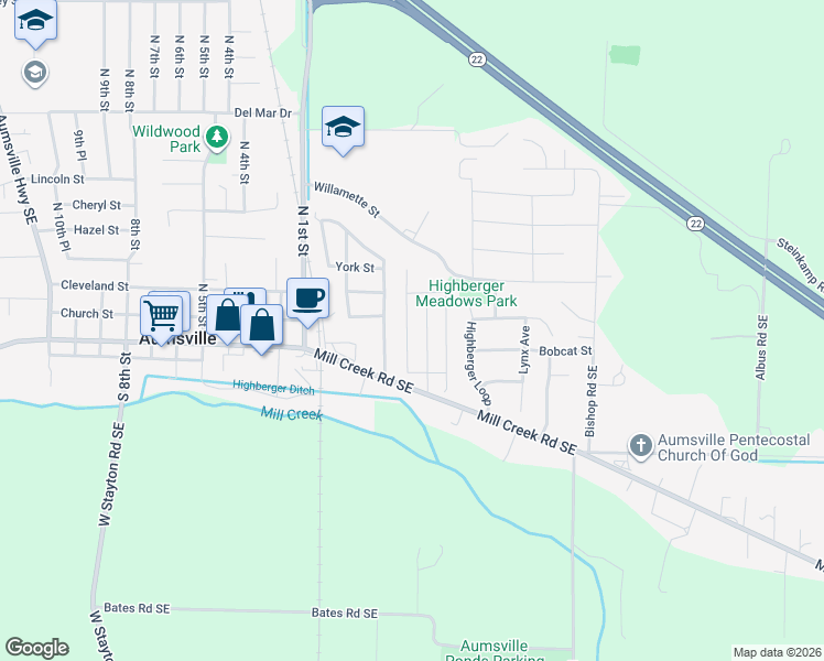 map of restaurants, bars, coffee shops, grocery stores, and more near 126 Carmel Drive Southeast in Aumsville