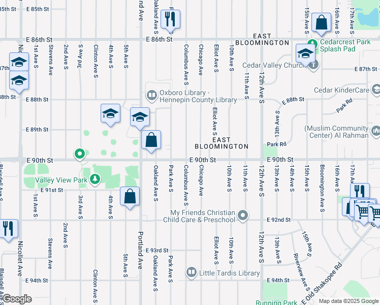 map of restaurants, bars, coffee shops, grocery stores, and more near 8949 Columbus Avenue South in Minneapolis