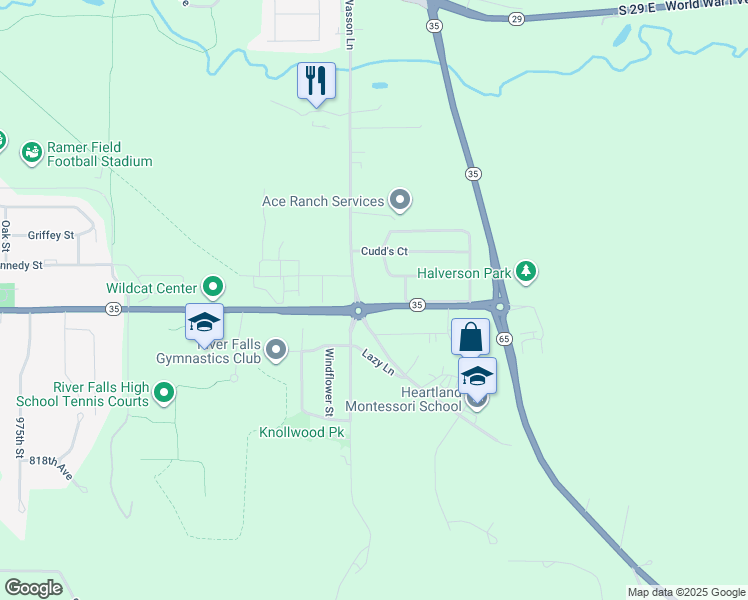map of restaurants, bars, coffee shops, grocery stores, and more near 1475 South Wasson Lane in River Falls