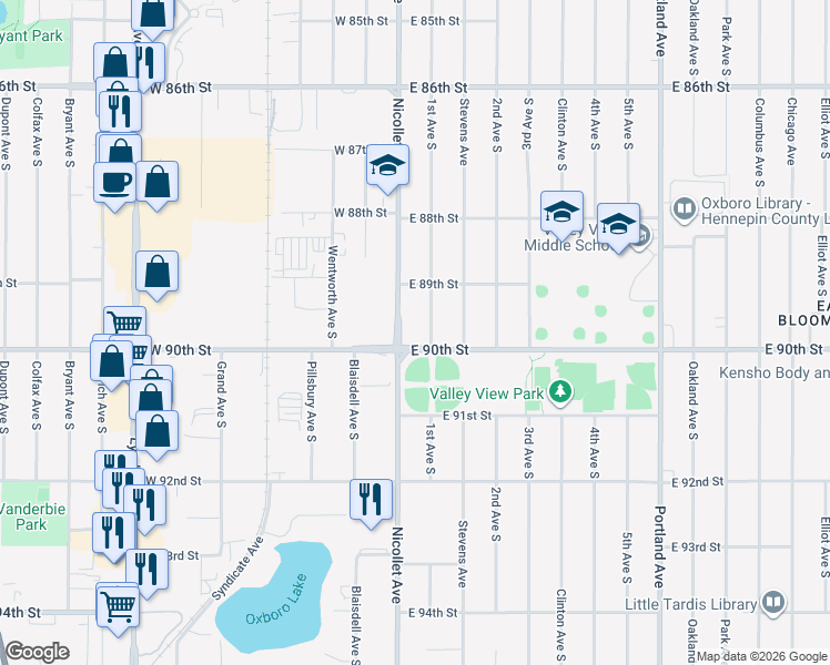 map of restaurants, bars, coffee shops, grocery stores, and more near 8936 1st Avenue South in Minneapolis