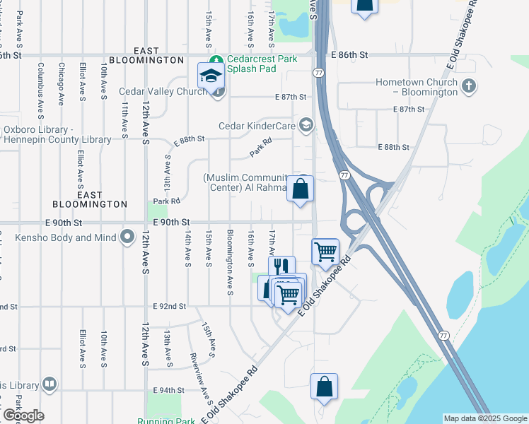map of restaurants, bars, coffee shops, grocery stores, and more near 1630 East 90th Street in Bloomington