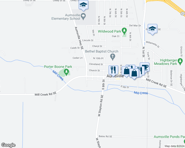 map of restaurants, bars, coffee shops, grocery stores, and more near 140 North 10th Street in Aumsville