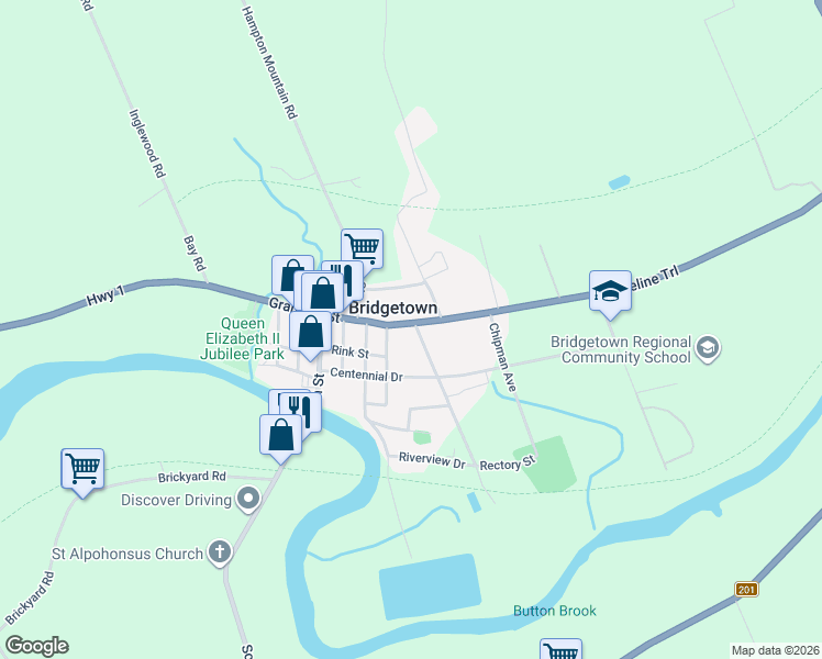map of restaurants, bars, coffee shops, grocery stores, and more near 328 Granville Street in Bridgetown