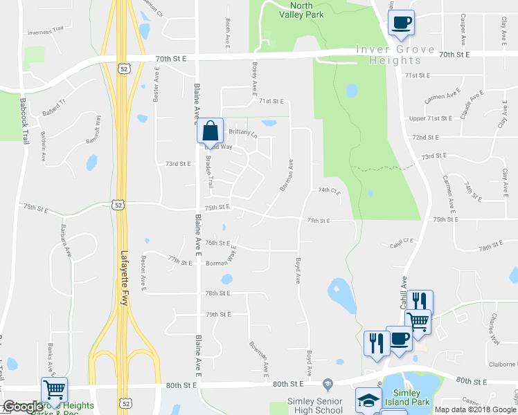 map of restaurants, bars, coffee shops, grocery stores, and more near 2685 75th Street East in Inver Grove Heights