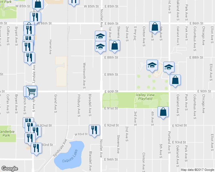 map of restaurants, bars, coffee shops, grocery stores, and more near 8936 1st Avenue South in Minneapolis