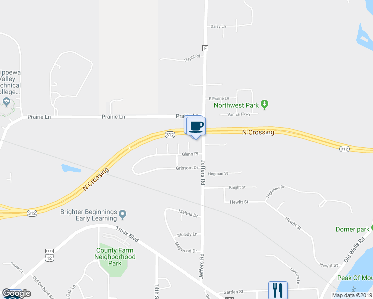 map of restaurants, bars, coffee shops, grocery stores, and more near 1119 Glenn Place in Eau Claire