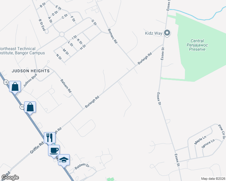 map of restaurants, bars, coffee shops, grocery stores, and more near 237 Burleigh Road in Bangor