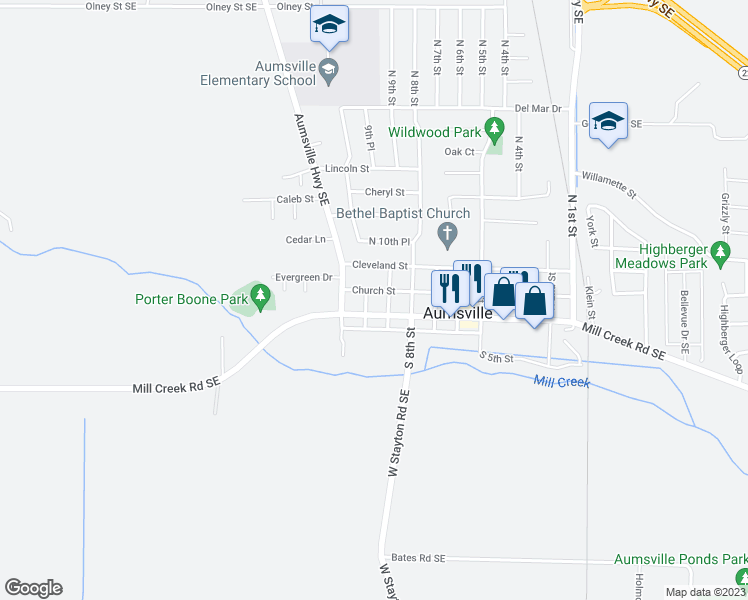 map of restaurants, bars, coffee shops, grocery stores, and more near 160 North 10th Street in Aumsville