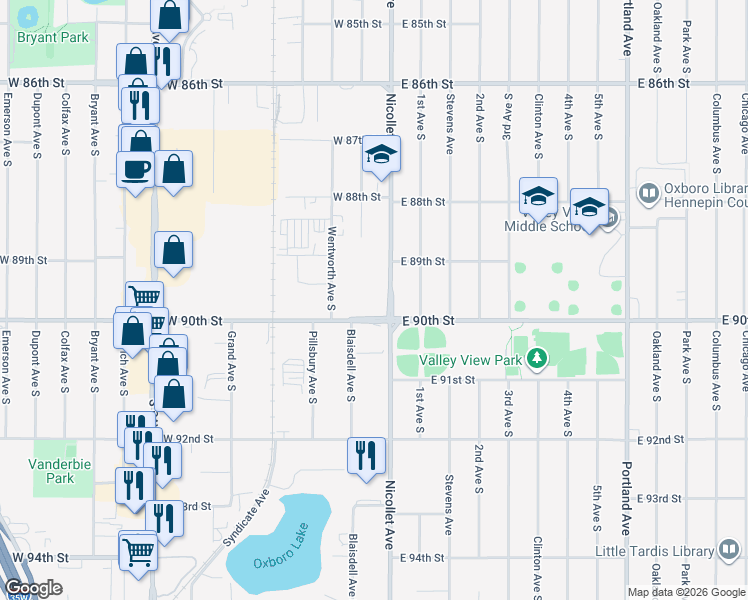 map of restaurants, bars, coffee shops, grocery stores, and more near 30 West 90th Street in Bloomington