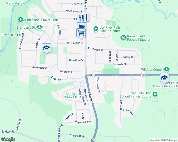 map of restaurants, bars, coffee shops, grocery stores, and more near 100 Jefferson Street in River Falls