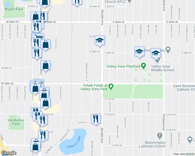 map of restaurants, bars, coffee shops, grocery stores, and more near 30 West 90th Street in Bloomington