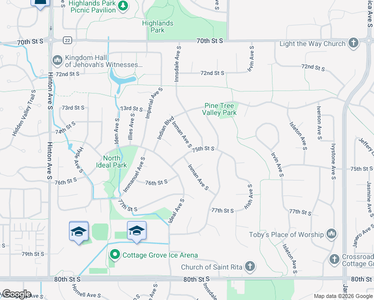 map of restaurants, bars, coffee shops, grocery stores, and more near 9341 75th Street South in Cottage Grove