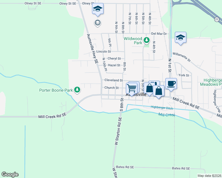 map of restaurants, bars, coffee shops, grocery stores, and more near 180 North 10th Street in Aumsville