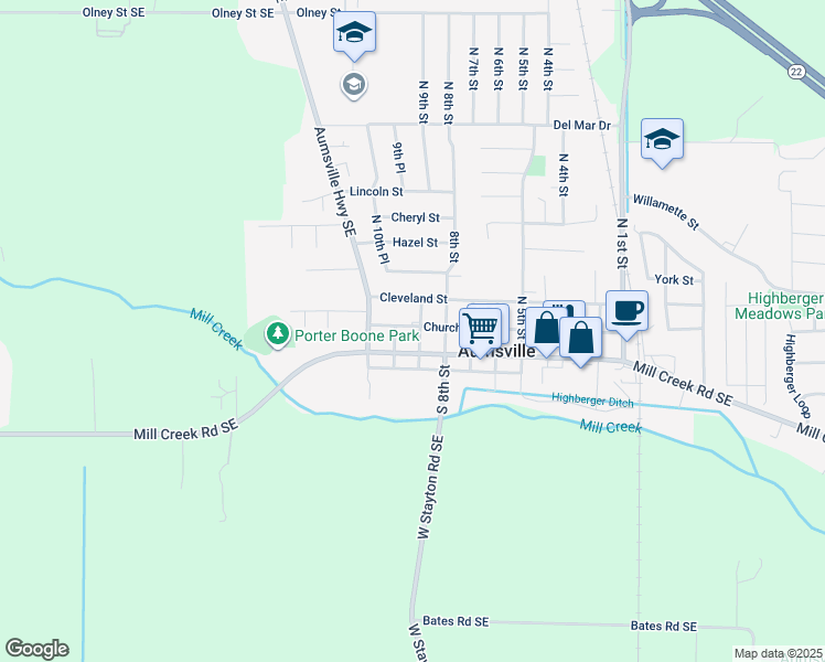 map of restaurants, bars, coffee shops, grocery stores, and more near 915 Main Street in Aumsville