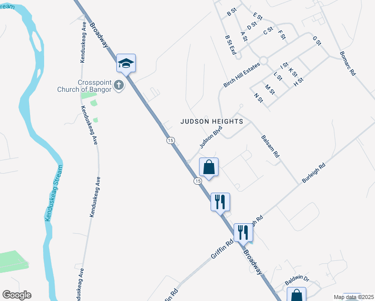 map of restaurants, bars, coffee shops, grocery stores, and more near 1305 Broadway in Bangor