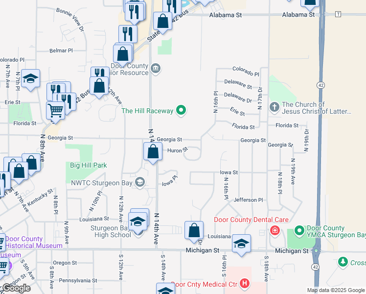 map of restaurants, bars, coffee shops, grocery stores, and more near 1506 Huron Court in Sturgeon Bay