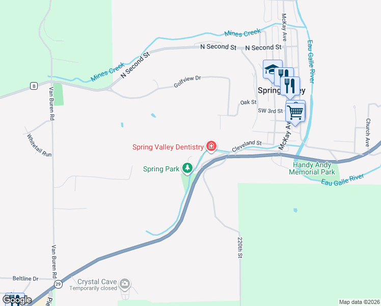 map of restaurants, bars, coffee shops, grocery stores, and more near W528 Park Drive in Spring Valley