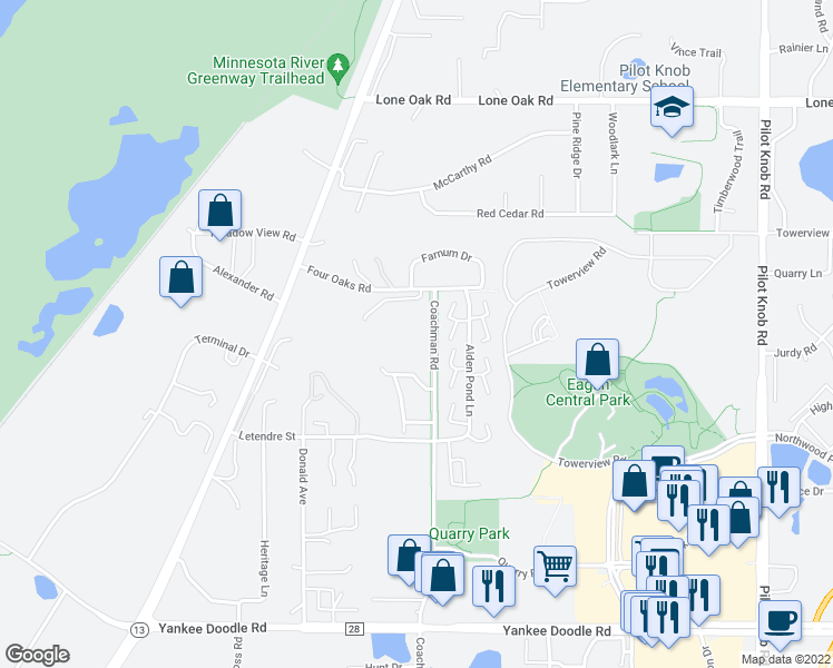 map of restaurants, bars, coffee shops, grocery stores, and more near 3185 Alden Pond Lane in Eagan
