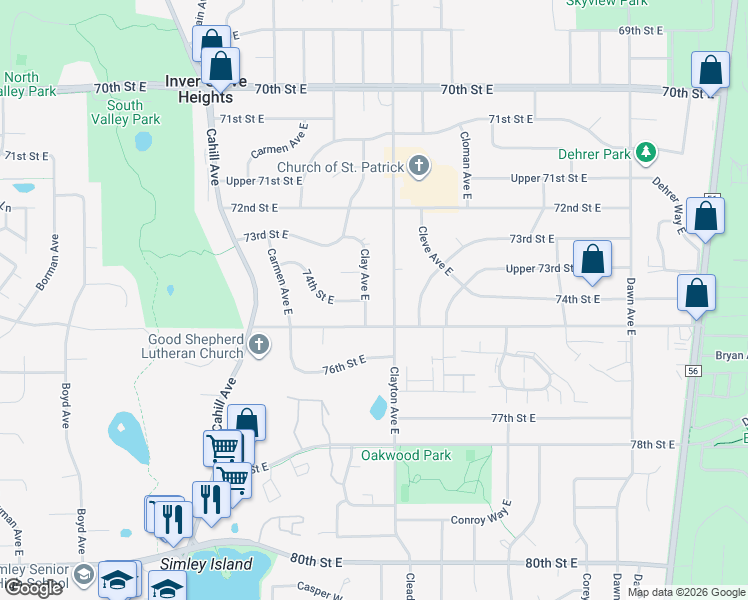 map of restaurants, bars, coffee shops, grocery stores, and more near 7487 Clay Avenue East in Inver Grove Heights