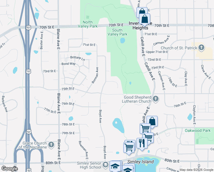 map of restaurants, bars, coffee shops, grocery stores, and more near 7478 Boyd Avenue in Inver Grove Heights