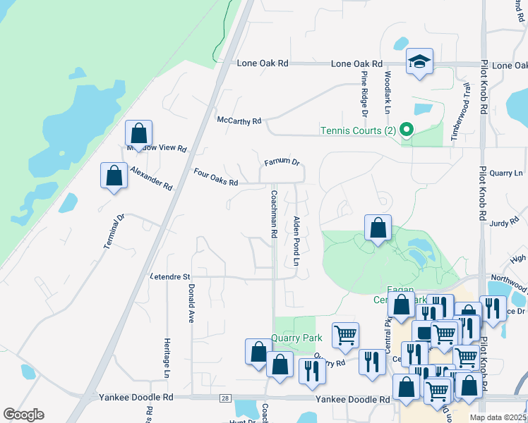 map of restaurants, bars, coffee shops, grocery stores, and more near 3185 Alden Pond Lane in Eagan