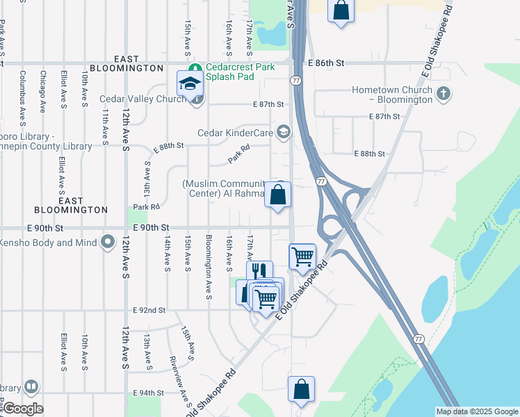 map of restaurants, bars, coffee shops, grocery stores, and more near 1630 East 90th Street in Bloomington