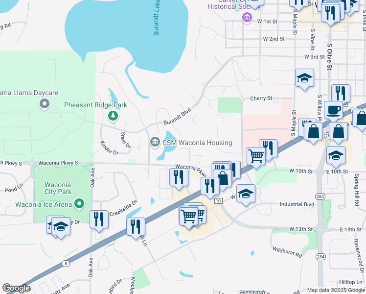 map of restaurants, bars, coffee shops, grocery stores, and more near 800 Meadow Lake Place in Waconia