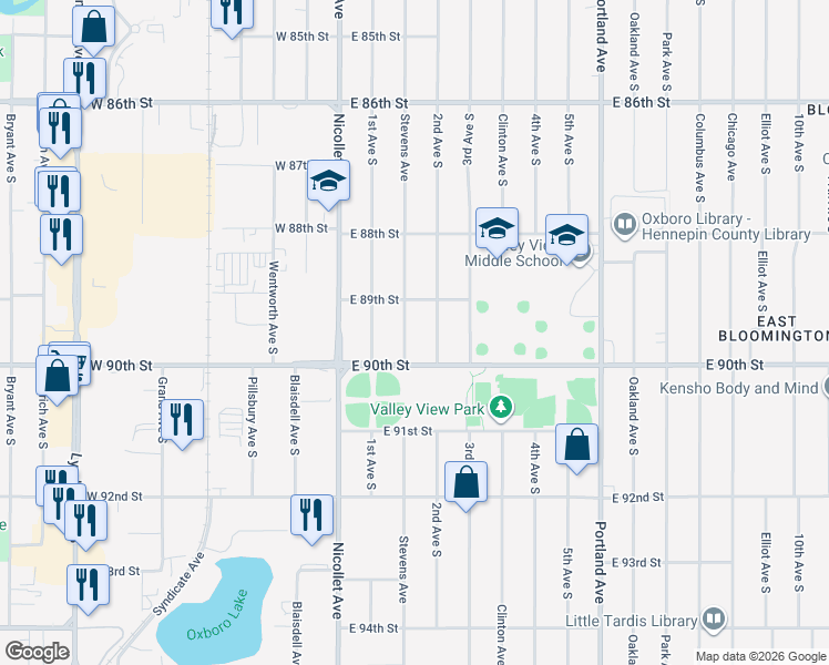 map of restaurants, bars, coffee shops, grocery stores, and more near 8931 Stevens Avenue in Minneapolis
