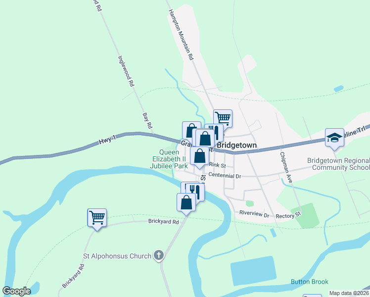 map of restaurants, bars, coffee shops, grocery stores, and more near 15 Court Street in Bridgetown