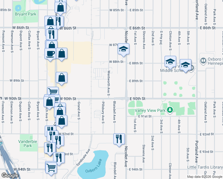 map of restaurants, bars, coffee shops, grocery stores, and more near 156 West 90th Street in Minneapolis