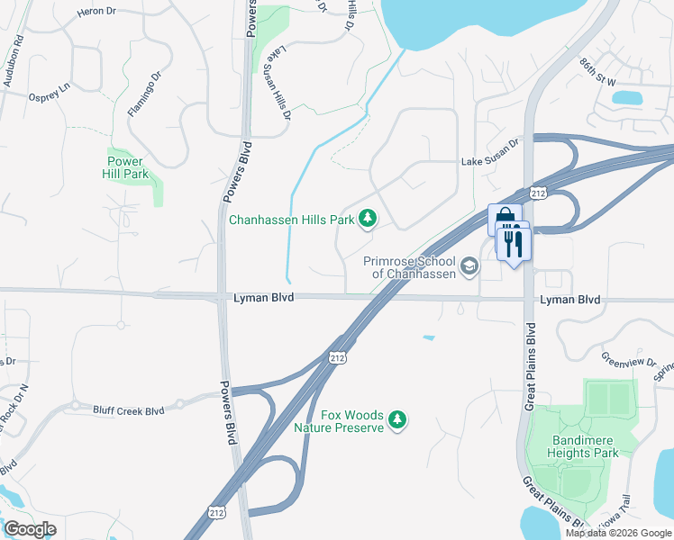 map of restaurants, bars, coffee shops, grocery stores, and more near 1130 Lake Susan Drive in Chanhassen