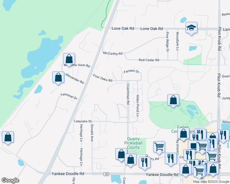 map of restaurants, bars, coffee shops, grocery stores, and more near 1613 Raindrop Drive in Eagan