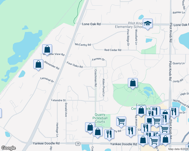 map of restaurants, bars, coffee shops, grocery stores, and more near 3123 Alden Pond Lane in Eagan