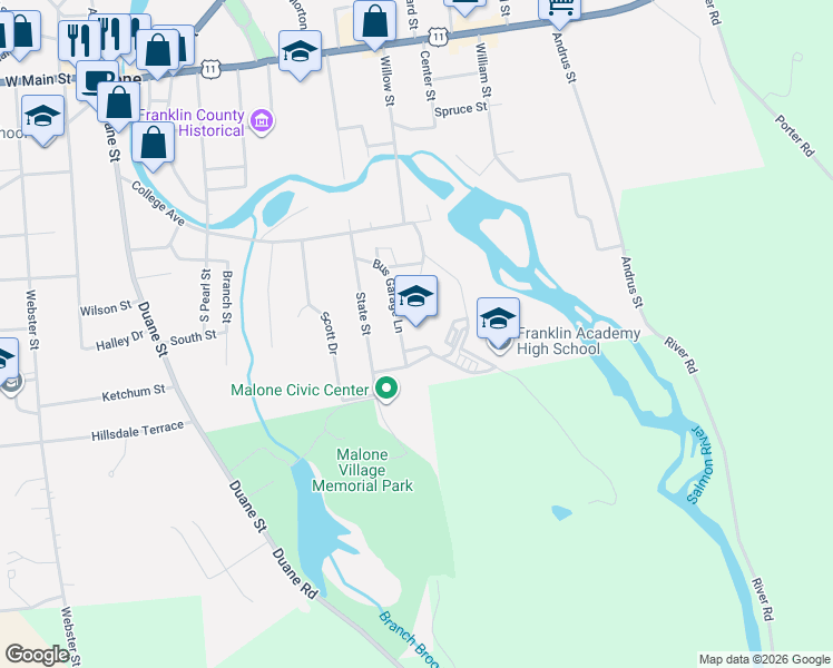 map of restaurants, bars, coffee shops, grocery stores, and more near 23 Huskie Lane in Malone