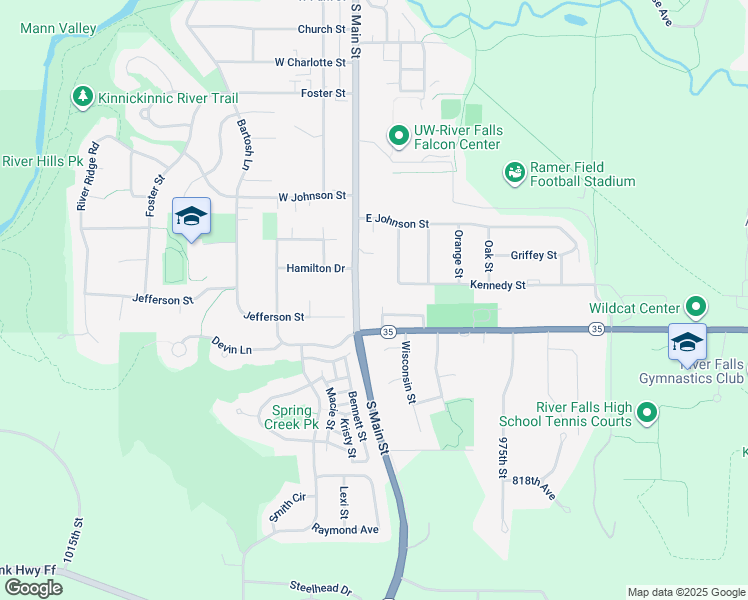 map of restaurants, bars, coffee shops, grocery stores, and more near 1355 Sycamore Street in River Falls