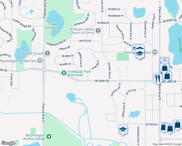 map of restaurants, bars, coffee shops, grocery stores, and more near 8924 York Road South in Minneapolis
