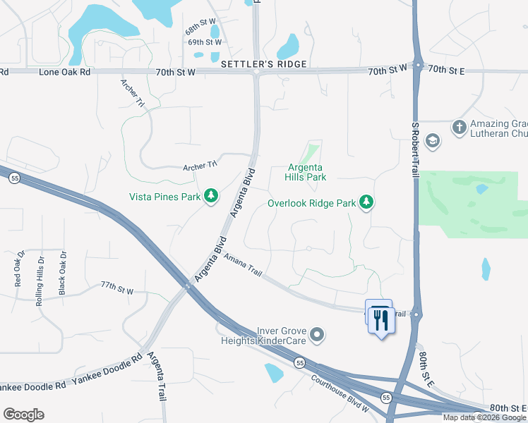 map of restaurants, bars, coffee shops, grocery stores, and more near 7250 Argenta Trail in Inver Grove Heights