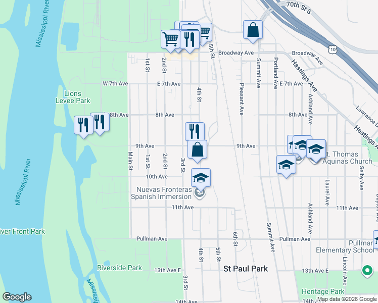 map of restaurants, bars, coffee shops, grocery stores, and more near 900 3rd Street in St. Paul Park