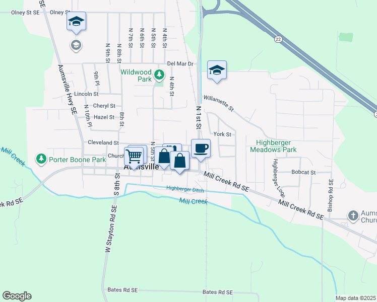 map of restaurants, bars, coffee shops, grocery stores, and more near 205 Cleveland Street in Aumsville