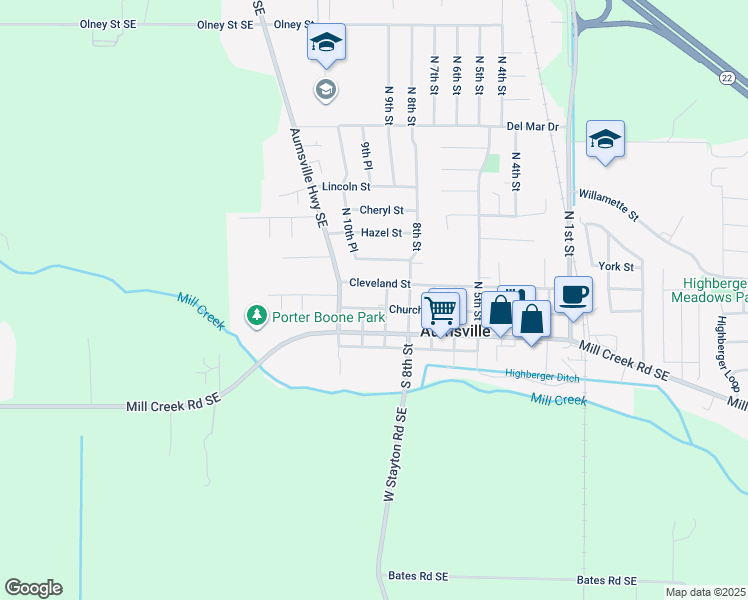 map of restaurants, bars, coffee shops, grocery stores, and more near 925 Cleveland Street in Aumsville