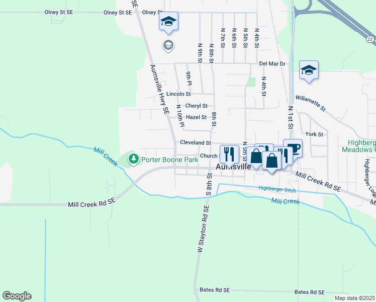 map of restaurants, bars, coffee shops, grocery stores, and more near 304 North 11th Street in Aumsville