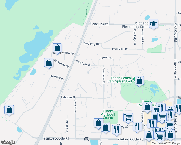 map of restaurants, bars, coffee shops, grocery stores, and more near 1700 Four Oaks Road in Eagan
