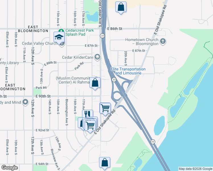 map of restaurants, bars, coffee shops, grocery stores, and more near 8915 Old Cedar Avenue South in Bloomington