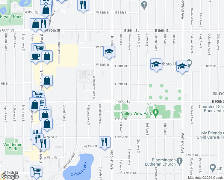 map of restaurants, bars, coffee shops, grocery stores, and more near 8935 Nicollet Avenue South in Bloomington