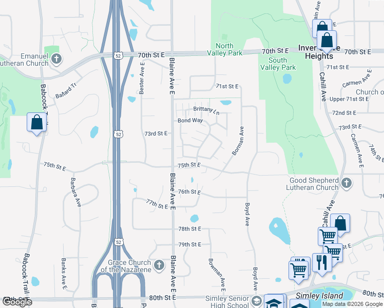 map of restaurants, bars, coffee shops, grocery stores, and more near 7368 Braden Trail in Inver Grove Heights