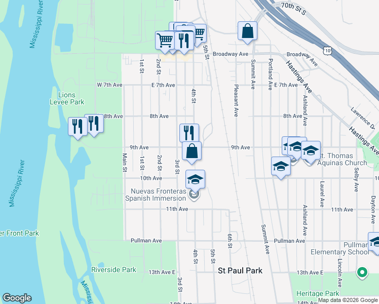 map of restaurants, bars, coffee shops, grocery stores, and more near 900 3rd Street in St. Paul Park