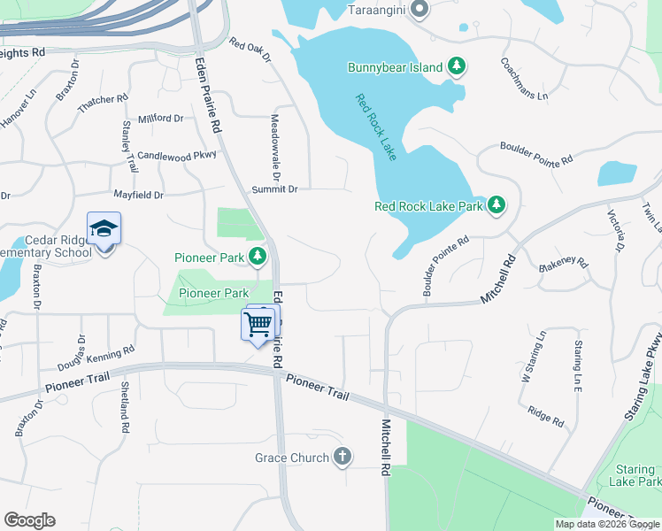 map of restaurants, bars, coffee shops, grocery stores, and more near 15728 Cedar Ridge Road in Eden Prairie