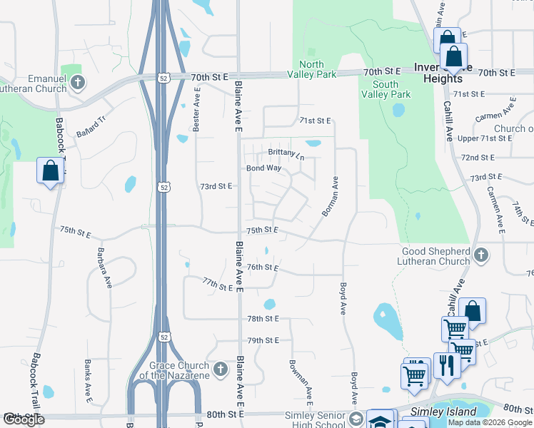 map of restaurants, bars, coffee shops, grocery stores, and more near 7368 Braden Trail in Inver Grove Heights
