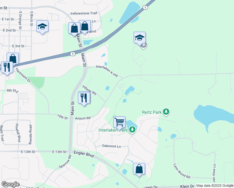 map of restaurants, bars, coffee shops, grocery stores, and more near 905 Airport Road in Waconia